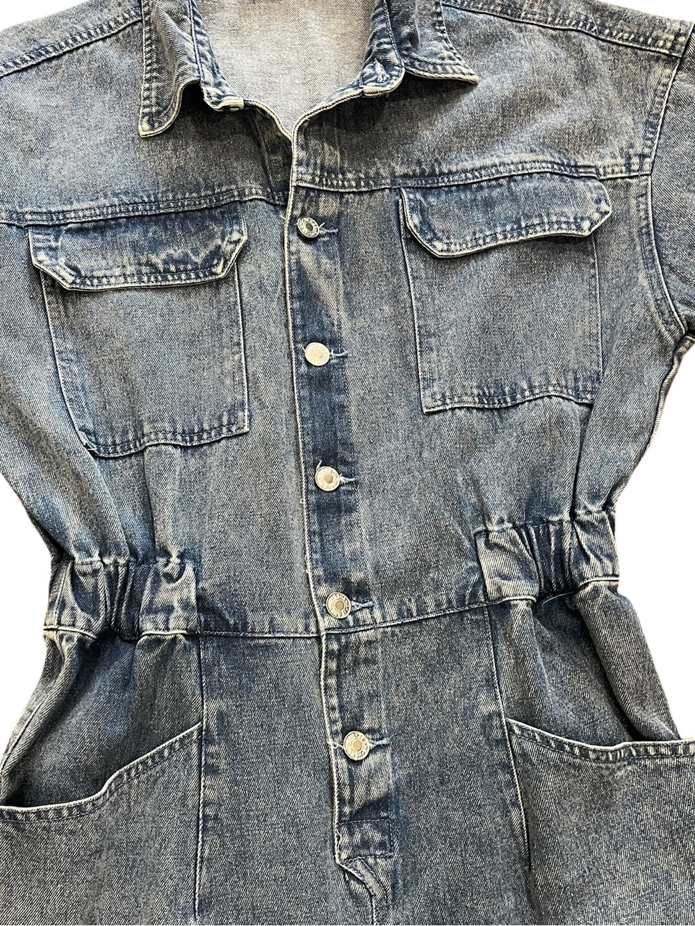 TALULAH Acid Wash Denim Short Sleeve Jumpsuit Coveralls Utility Romper Size L - Picture 4 of 9